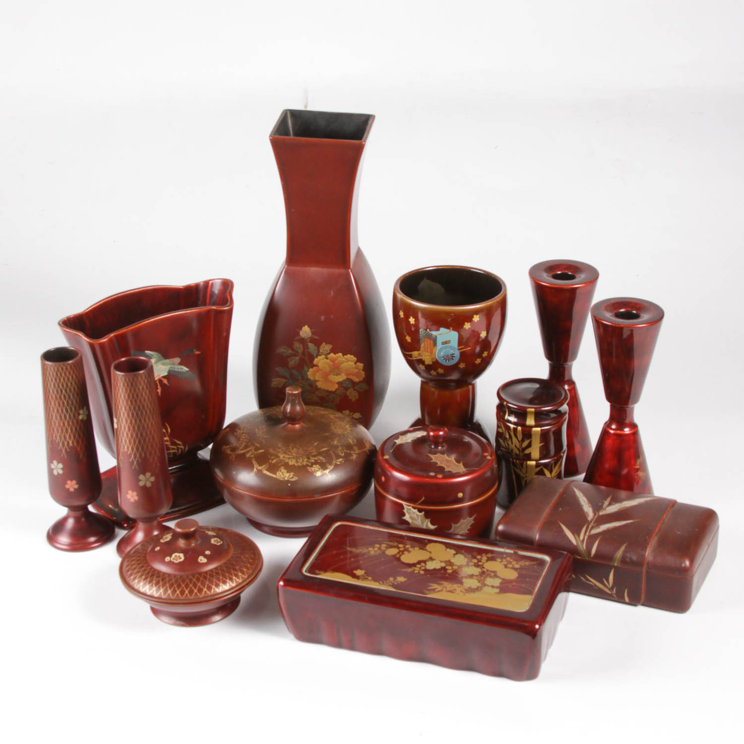 Vintage Maruni Oxblood Red Lacquerware Fluted Vase Artist Signed Made in Japan